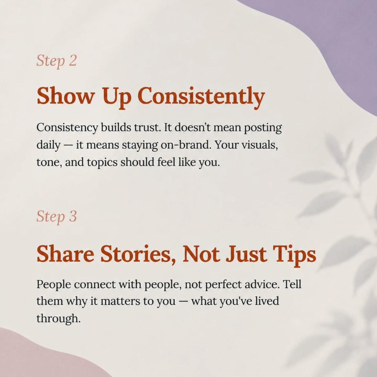Show up consistently and share stories personal brand slide